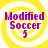 Four identical pixelated icons display "Modified Soccer 5" text over yellow and white spiral backgrounds with purple lettering.