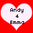 Two identical white heart shapes on a red background, each containing black pixelated text reading "Andy 4 Emma".