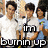 Four- of pixelated celebrity images with overlaid text reading "i'm burnin up burnin up with you baby!" in bold white font