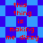 Red pixelated text 'this thing is making me dizzy' repeats across a blue and purple checkered background with shifting diamond patterns.