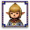 Pixelated character with pointed ears, light brown hair in a cone shape, wearing a dark brown scarf and blue-gray tunic with yellow accents.