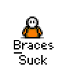 Animated contact sheet of pixel art buddy icons featuring orange-shirted characters with white faces, some showing large grinning mouths and others interacting with smaller brown-haired figures, all labeled "Braces Suck" in text below each icon.