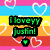 Four pixelated text-based icons arranged in a with heart motifs and varied color schemes