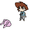 Pixel art character with brown hair and light blue shirt, interacting with pink rabbit-like creature in multiple poses.