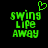 Green pixelated text 'swing life away' with a heart symbol above the first word on black background.