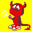Red devil character with brown accents, white shoes, and a pitchfork on yellow background; two poses show different arm positions.