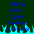Blue pixelated text on dark green background with cyan flame-like shapes at bottom, repeated twice side-by-side.