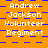 Pixelated text reads 'Andrew Jackson Volunteer Regiment' on orange background with blue checkered pattern.