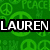 Green background with repeating peace symbols and text, featuring bold white names 'LAUREN', 'BRI', 'JULIA' above smaller icons and the phrase 'emily my BFFLZ!' in pixelated font.