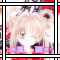 Anime-style character with light brown hair and large eyes, wearing red clothing, with small colored squares at the bottom of each frame.