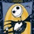 Yellow cartoon character with large white eyes and black pupils, holding a white object against a blue background.