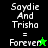 Pixelated text 'Saydie And Trisha = Forever' with star symbols on black and green backgrounds, showing animation changes between frames.