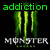 Green 'addiction' text above three green claw marks, with 'MONSTER ENERGY' below on black background.