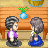 Pixel art character in purple top and blue skirt with gray hair, shown in multiple poses against wooden background with blue vases and green plants.