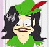 Pixelated character with long dark hair and mustache appears in two states: one wearing green hat with red feather, another without hat; both have wide eyes and open mouth.