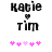 Pixelated text 'Katie' above a heart symbol and 'Tim' below, with five pink flower icons at the bottom, displayed in two side-by-side frames.