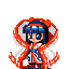 Pixel art character with blue hair and red-and-white cape in six poses showing movement from standing to crouching.