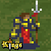 Pixel art of a knight in blue and yellow armor holding a sword, with 'Kings' text below featuring a crown-topped sword icon.