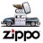 Pixelated image of a silver Zippo lighter with a brown top, positioned above the word 'Zippo' in bold black letters with a red accent on the first 'Z'.