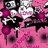 Pixelated pink background with black and white abstract shapes, magenta circular elements, and dark oval forms.