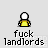 Pixelated character with white head and yellow body in three poses above text reading 'fuck landlords' on light gray background.