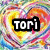 A static image of a heart-shaped background with swirling rainbow colors and three text labels: 'tori', 'mazz', and 'cheer' in black boxes.