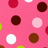 Pink background with scattered circular dots in white, dark brown, and red hues.