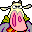 Pixel art character with yellow hair, pink dress, and green shoulder accents on gray background.
