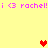 Yellow background with pink text and pixelated hearts; repeated 'i <3 rachel!' phrases above and below a central red heart.