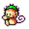 Pixel art animation of a monkey holding a green ball, transitioning to a boy with brown hair and red shorts, with text reading "What the fuck?" in the final frame.