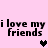 Pixelated text on pink background with two heart symbols, one black and one gray.