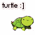 Green pixelated turtle with round shell and smiling face appears in three positions on white background, text 'turtle :]' above.