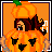 Pixel art contact sheet of a Halloween-themed animated buddy icon featuring a character in pumpkin costume with orange background and text frames.