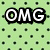 Green background with black dots, white text 'OMG' in bold font above a partial image of a person with brown hair and open mouth.