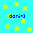 A static image with a cyan background filled with yellow stars and four instances of blue text reading "dani=]".