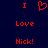 Red pixelated text and symbols on dark blue background: 'I' above a heart symbol, 'Love' below, 'Nick!' at bottom.