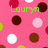 Pink polka-dot background with green text reading 'Lauryn loves Kyle' in pixelated font, featuring brown, white, and light pink dots.