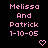 Pixelated pink text on black background reads "Melissa And Patrick 1-10-05" with a small heart symbol below the date.