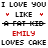 Pixelated text and symbols on white background: 'I LOVE YOU' top, red hearts flanking 'LIKE', black bar through 'A FAT KID', red 'EMILY', gray 'LOVES CAKE' bottom.