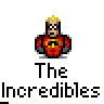 A contact sheet of 10 animated frames from a pixel art buddy icon featuring Mr. Incredible from The Incredibles, showing various poses and speech bubbles with text.