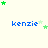 Blue text 'kenzie' with green and light-green stars scattered around on a pale background.