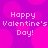 Pixelated text 'Happy Valentine's Day!' repeated four times on a purple background with pink circular shapes.