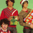 Pixelated holiday-themed image shows three people holding a wrapped gift against a green background, with 'merry christmas!' text on a red snowflake-patterned