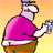 Pixelated cartoon character in pink top and brown pants holding a white object against gradient background