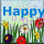 Animated grassy field with flowers and text changing from 'Happy Easter' to 'Easter' to '99'!