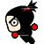 Pixelated character with black hair, red hair accessory, and red circular earrings in two poses showing head and body movement.
