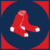 Two identical red baseball socks with white accents on dark blue backgrounds, each framed by corner shapes in alternating colors.