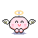 Pixelated pink angel with yellow halo and white wings in four distinct poses against gray background.