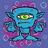 Blue cartoon alien with one yellow eye, purple bubble background, and white circular outlines on blue field.