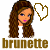 Two side-by-side pixel art frames of a cartoon woman with long brown hair, pink lips, and blue eyes, each paired with a heart symbol and the text "brunette" in matching colors.